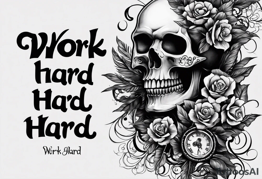 I want a tattoo with a skull design with the letters "work hard" at the top and the letters "play hard" at the bottom, in black only. tattoo idea