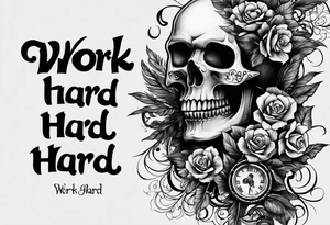 I want a tattoo with a skull design with the letters "work hard" at the top and the letters "play hard" at the bottom, in black only. tattoo idea