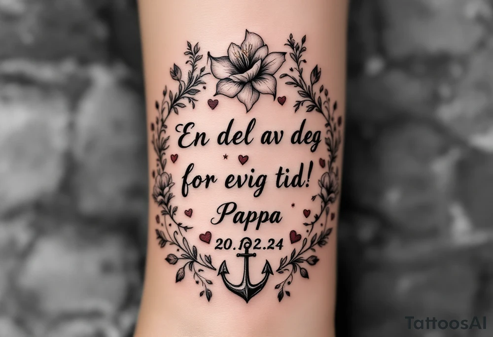 make a quote that says "En del av deg for evig tid! Pappa 20.12.24" Surrounded by gladiolus, music notes, hearts and an anchor tattoo idea
