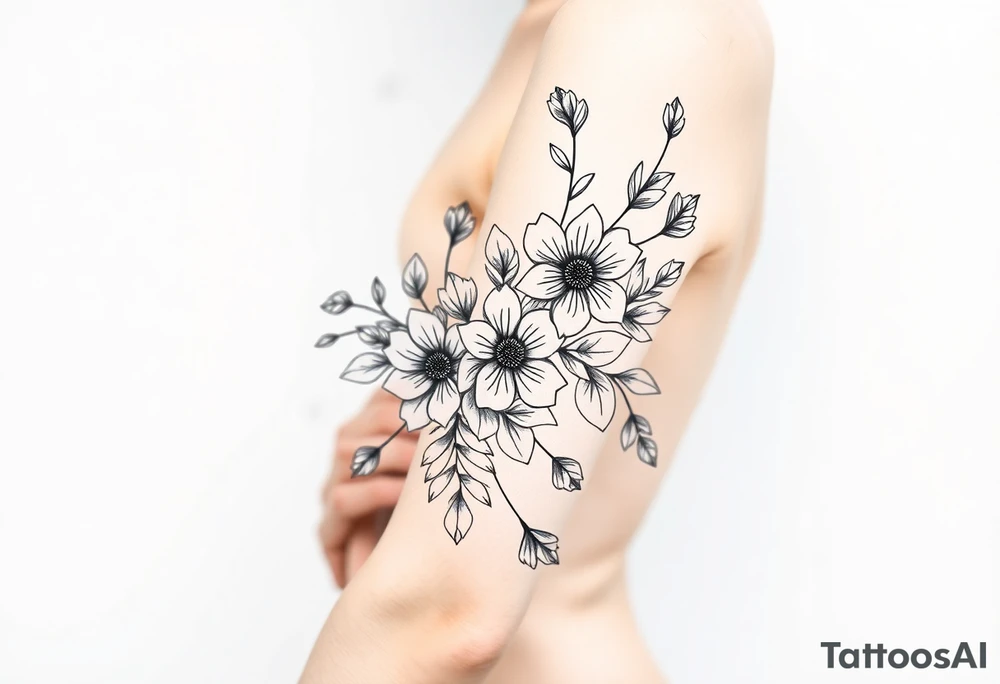 floral composition with japanese vibe, mutiple ornemental patern and leaf tattoo idea