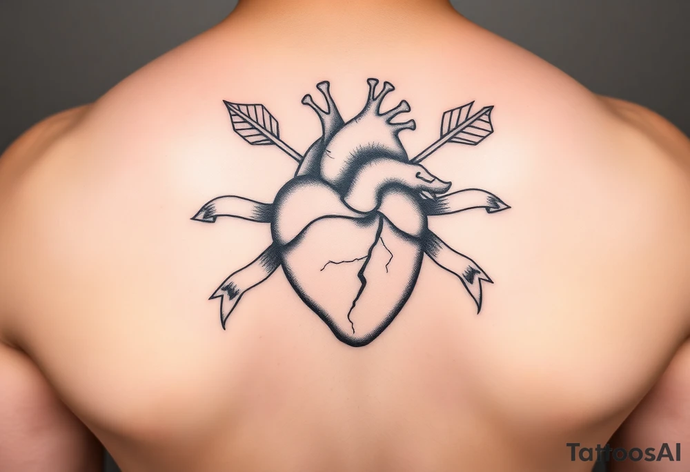 anatomical heart pierced by ornate arrow with flowing ribbons tattoo idea