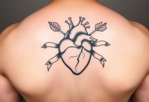 anatomical heart pierced by ornate arrow with flowing ribbons tattoo idea