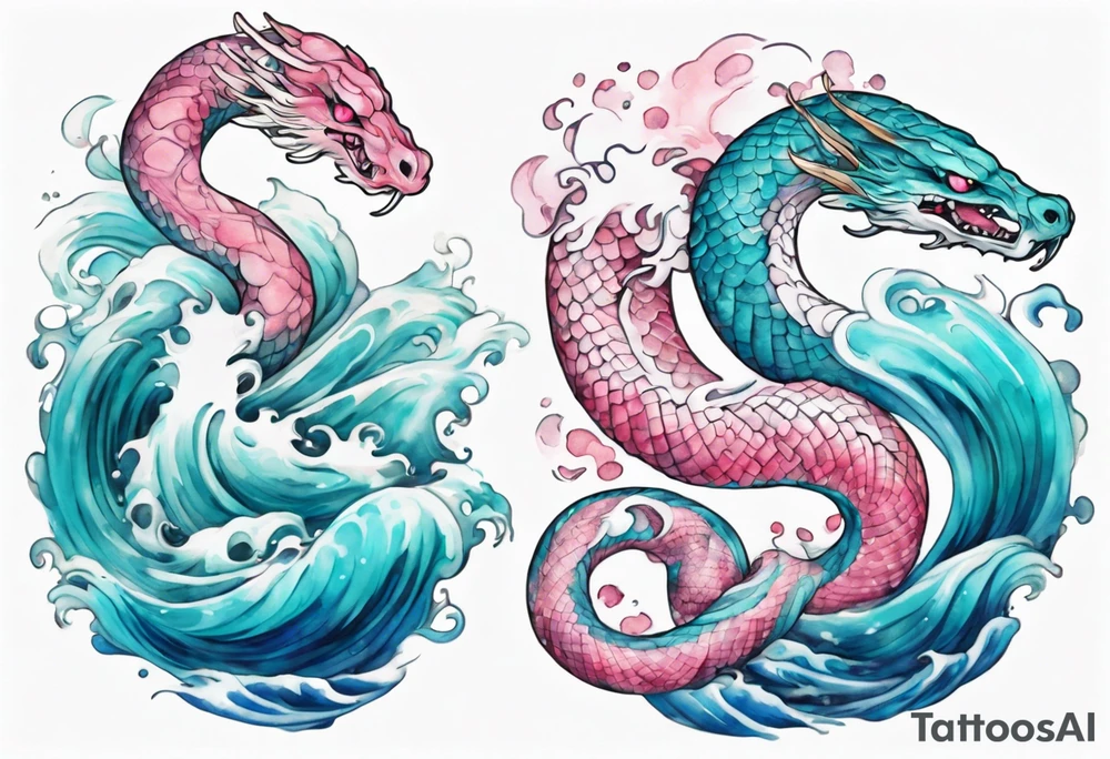 a beautiful turquoise pink and white serpent rising from the blue waves of the ocean tattoo idea