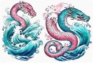 a beautiful turquoise pink and white serpent rising from the blue waves of the ocean tattoo idea