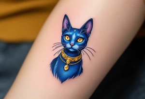 A cobalt-blue Bastet cat with gold earrings and collar, radiating mystery and protection. tattoo idea