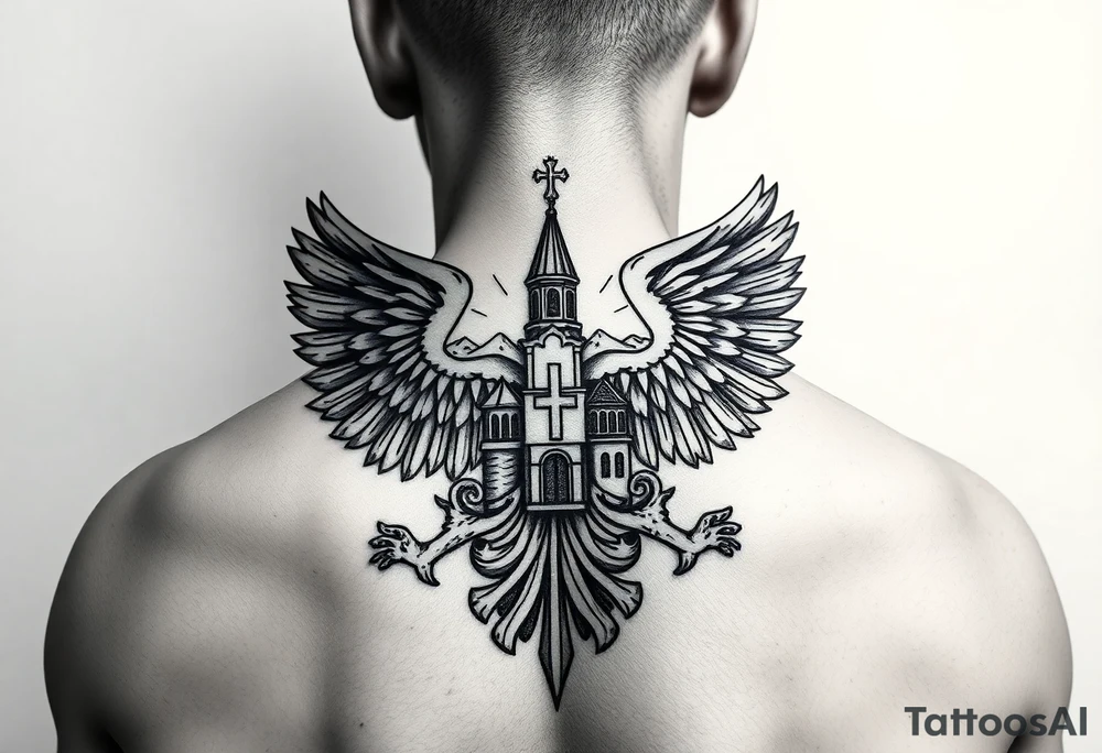an actual russian coat of arms with the eagles wings spanning out on my back neck across my shoulders / traps with a orthodox christian church being visible in a mountainous sun beaming setting, with the russian orthodox cross spire of the orthodox church being visible on my neck with a sun beaming in the background that the cross sits inside tattoo idea