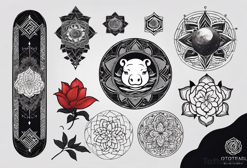 Very asymmetrical, +geometric pattern, with realistic full moon, with seeious looking hippo, +zen feel, + Buddhism touch, +tribal, +geometric
with wintersweet flower bud, +portrait orientation, +inkart touch, tattoo idea