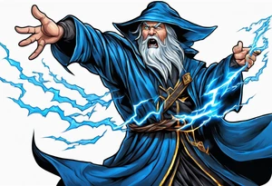 Yelling wizard directing a lightning strike with blue lightning and a black cloak tattoo idea