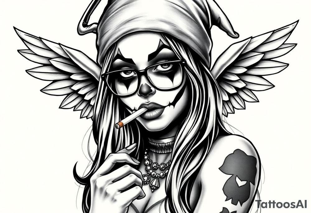 Chicana sexy chunky beautiful long hair clown makeup angel wings thug beanie eyeglasses smoking a cigarette tattoo idea