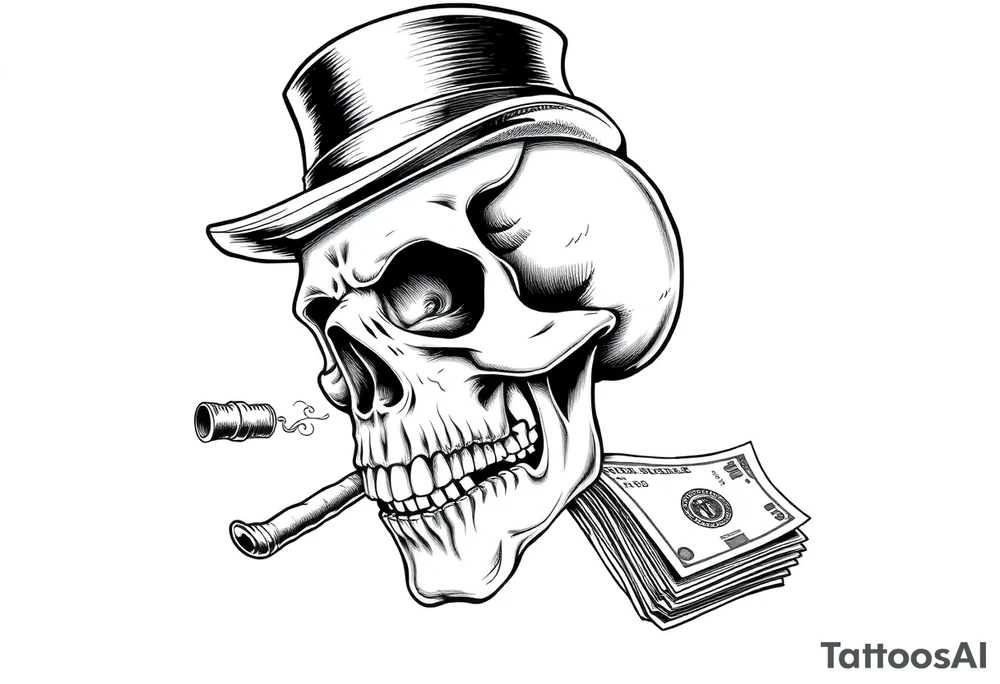 skull with mustache,a big cigar in his mouth,a top-hat on his head and alot of money in a hand. tattoo idea