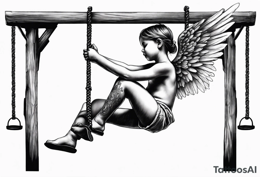 angel child on swing with sagging wings, head down tattoo idea