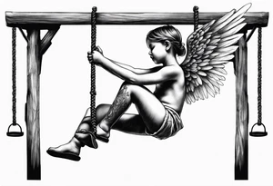 angel child on swing with sagging wings, head down tattoo idea