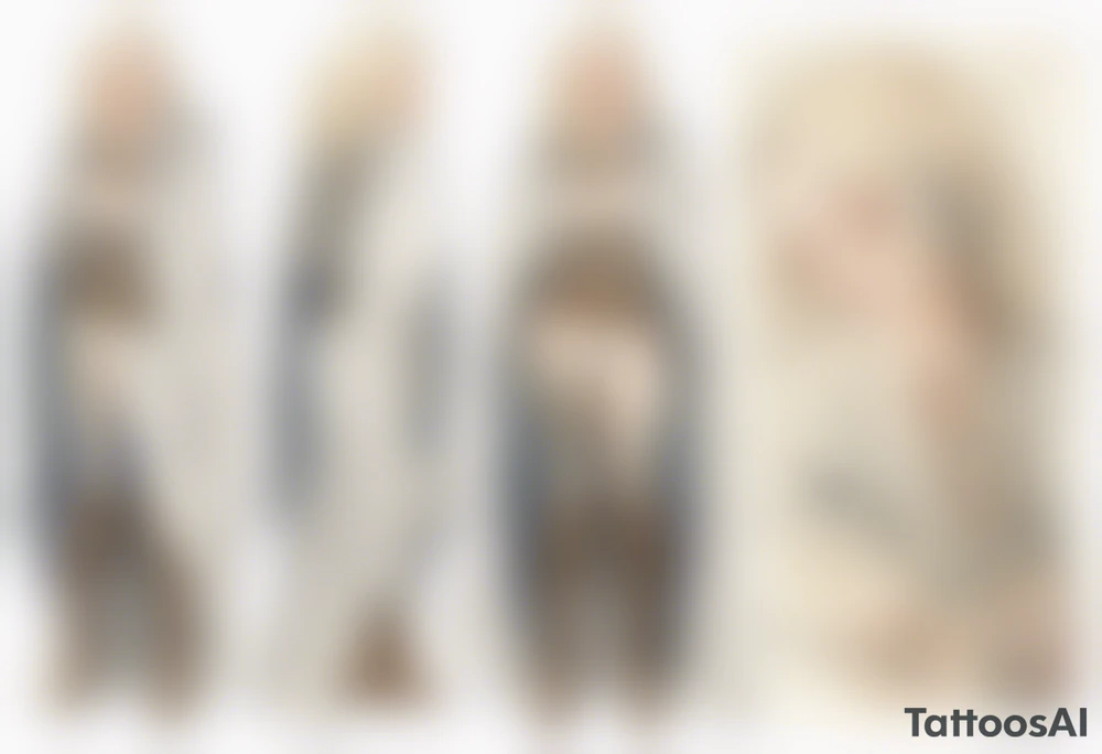 platinum blonde woman in her 40s wearing white medieval cloak and boots tattoo idea