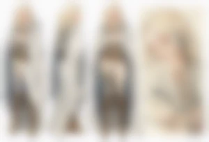 platinum blonde woman in her 40s wearing white medieval cloak and boots tattoo idea