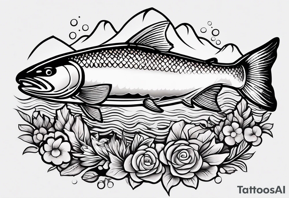 a salmon surrounded by solid color background design tattoo idea