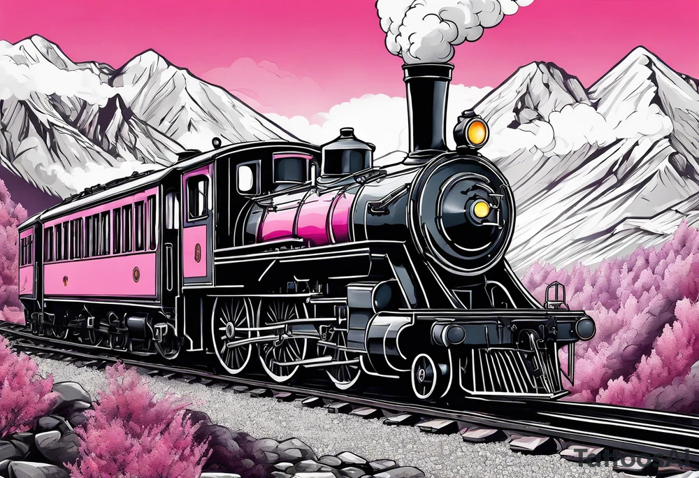 Mountain steam train with pink background tattoo idea