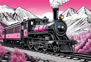 Mountain steam train with pink background tattoo idea