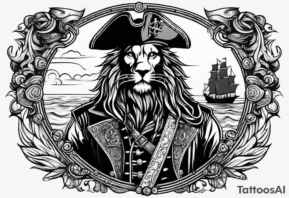 Pirate lion wearing jacket, sword and pistol, nautical steampunk theme. dreadlocks. pirate vessel tattoo idea