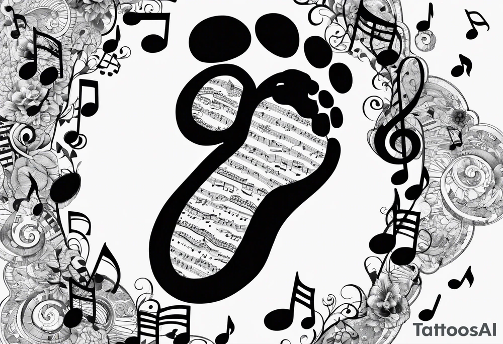 Baby footprint made up of child's birth information surrounded by music tattoo idea