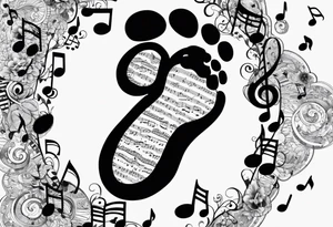 Baby footprint made up of child's birth information surrounded by music tattoo idea