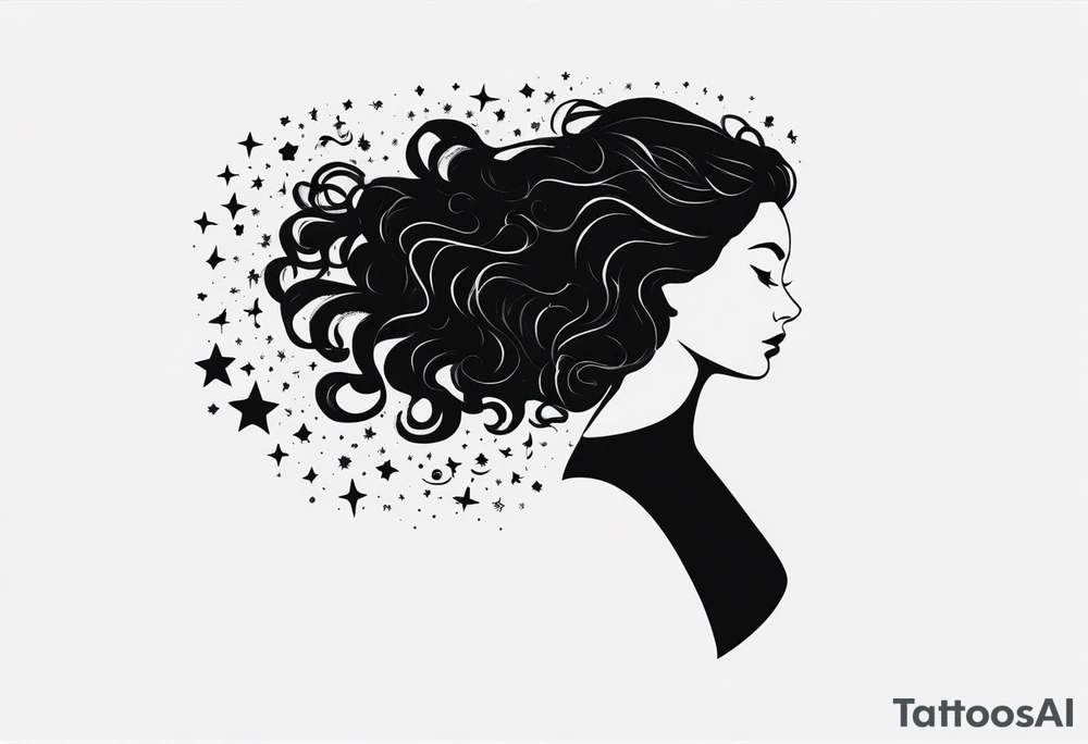 A shadow of a woman's head with long curly hair like Merida from Brave movie and her hair is made of stars planets and galaxies. Just the shadow of the woman no face tattoo idea