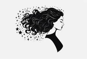 A shadow of a woman's head with long curly hair like Merida from Brave movie and her hair is made of stars planets and galaxies. Just the shadow of the woman no face tattoo idea