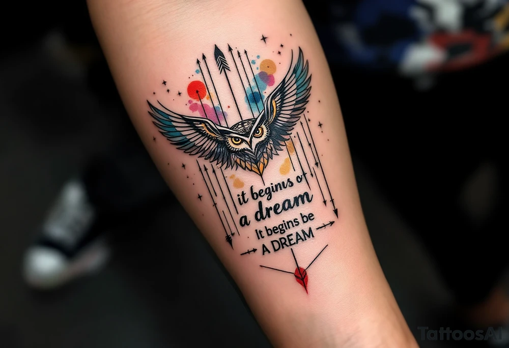 Tattoo inspired in the gifted brain in geometric and straight lines, with few watercolor details but mostly black, symbols representing intelligence, creativity and dreaming flying arround, the phrase "It begins with a dream", vertical owl wings behind and delicate and discrete owl eyes looking forwar, and an arrow crossing from above with watercolors leaking from it tattoo idea