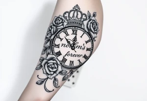 Roman clock with roses and a crown,  a quote that says nothings forever. and on the bottom a deck of cards tattoo idea