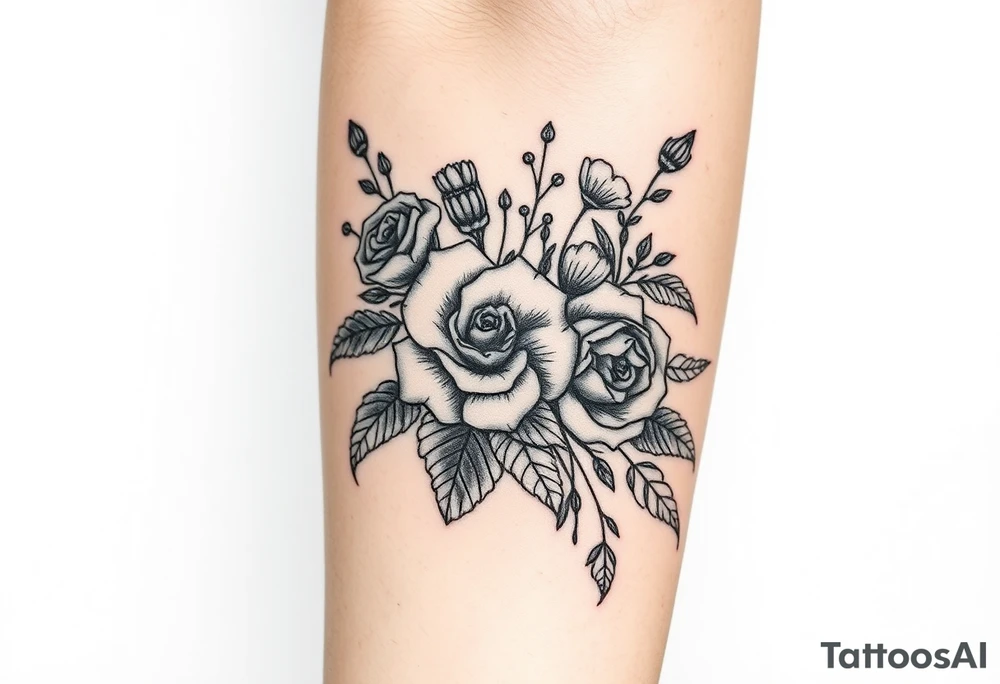 vintage bouquet of wild roses and meadow flowers with morning dew tattoo idea