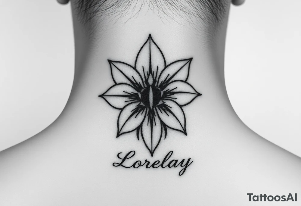 Crea un diseño significativo sobre la flor de bayahibe egipcia y que tenga el nombre escrito por de bajo del diseño el nombre de mi hermana Lorelay para la parte baja del bíceps tattoo idea