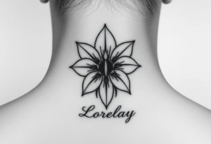 Crea un diseño significativo sobre la flor de bayahibe egipcia y que tenga el nombre escrito por de bajo del diseño el nombre de mi hermana Lorelay para la parte baja del bíceps tattoo idea