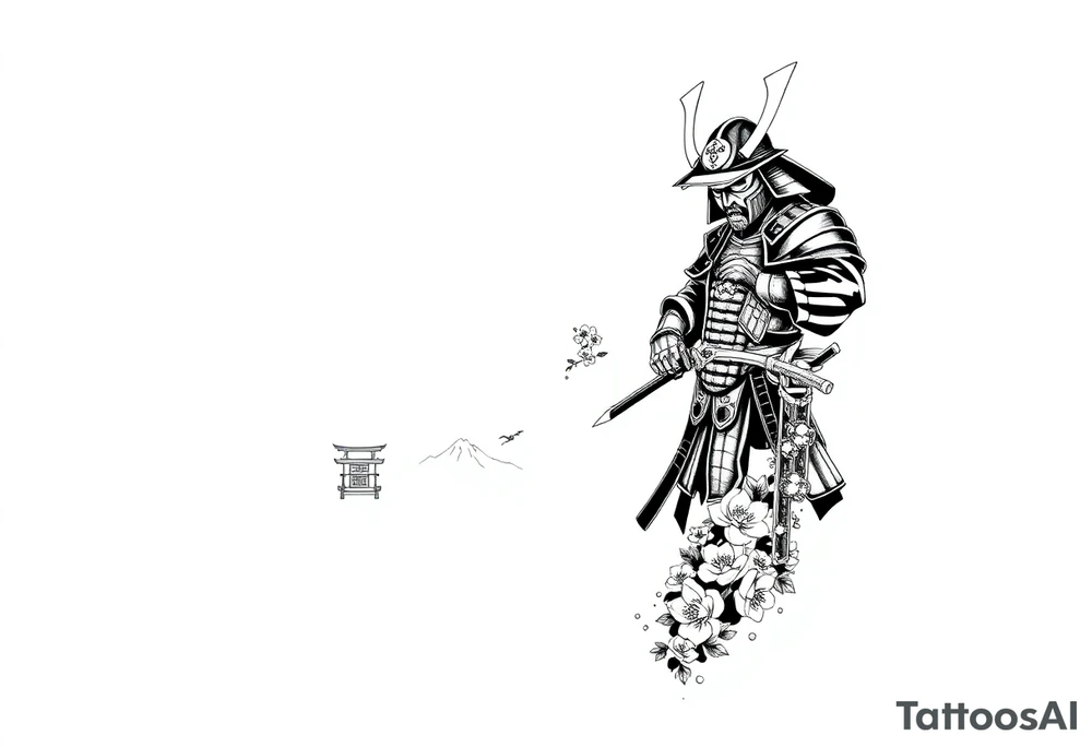 Design an all-black full arm sleeve tattoo featuring a Japanese samurai in full armor with a katana, positioned dynamically. Surrounding the samurai are flowing cherry blossoms, a misty mountain range, and traditional Japanese structures like a pagoda. On the inner forearm, include a detailed Oni mask with sharp features and exaggerated shading. Use dark, dense black ink to create depth, with smooth transitions between the elements, blending the samurai, blossoms, mask, and mountains into a cohesive, flowing design tattoo idea