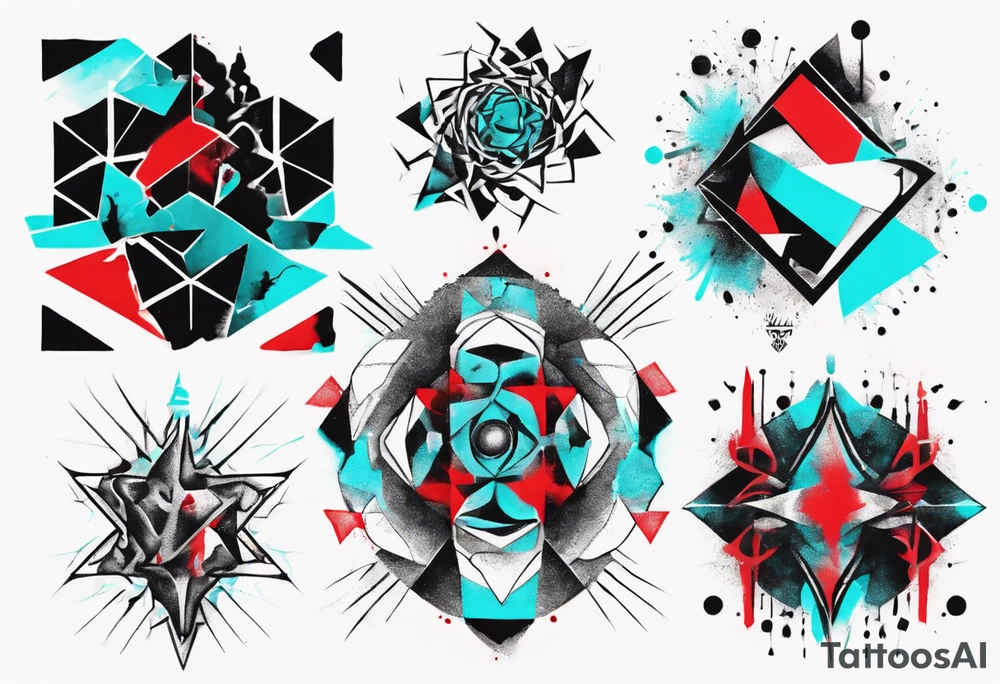 Modern and futuristic, protest, black, red and cyan, acquarel, abstract, geometric, fractal chaos tattoo idea