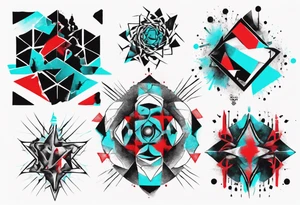 Modern and futuristic, protest, black, red and cyan, acquarel, abstract, geometric, fractal chaos tattoo idea