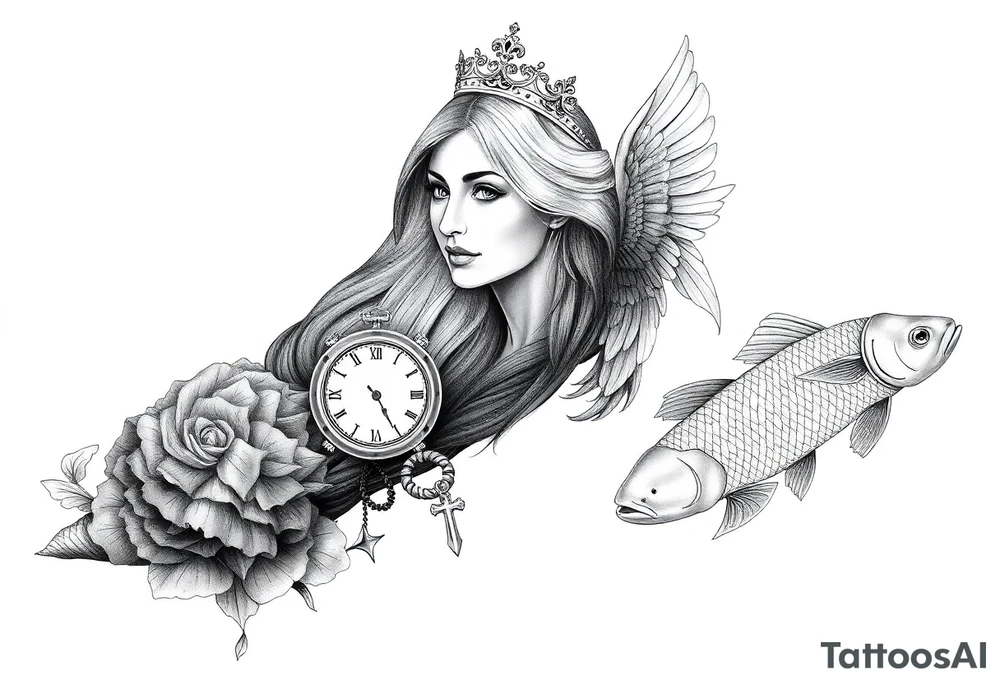 Princess and beautifully lady and a clock and cupido angels an jesus on cross and carp fish tattoo idea