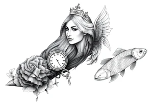 Princess and beautifully lady and a clock and cupido angels an jesus on cross and carp fish tattoo idea