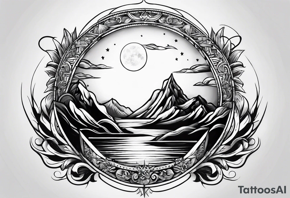 Small fire with sun rays on top over a half moon tattoo idea