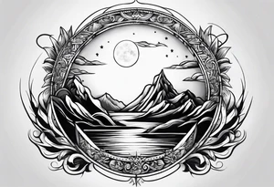 Small fire with sun rays on top over a half moon tattoo idea
