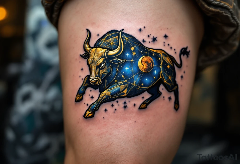 The Taurus star constellation of golden bull charging through a velvet-blue night. tattoo idea