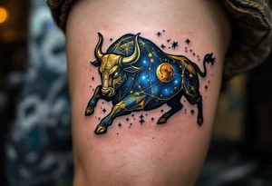 The Taurus star constellation of golden bull charging through a velvet-blue night. tattoo idea