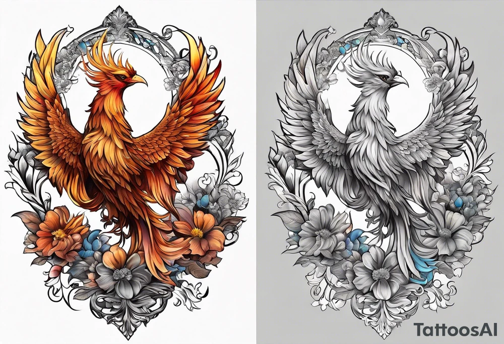 Sleeve with blind Themis and Phoenix with flowers tattoo idea