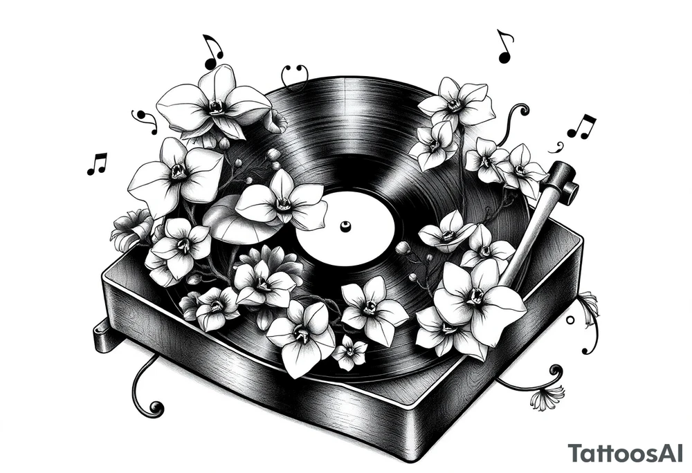 vinyl record player with mushrooms, orchids, and music notes around it tattoo idea