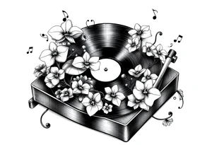 vinyl record player with mushrooms, orchids, and music notes around it tattoo idea