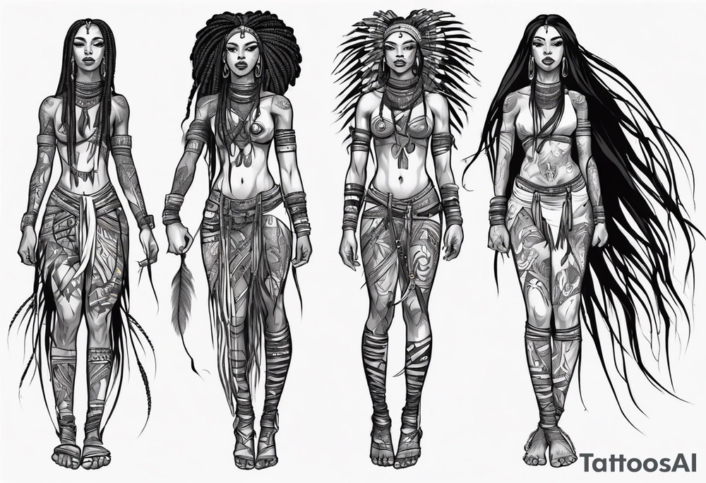 African female Valkyre full body 
slim long face small mouth long braided hair tattoo idea