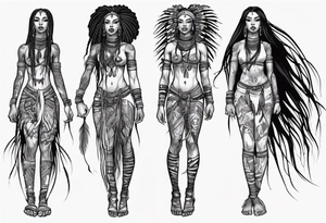 African female Valkyre full body 
slim long face small mouth long braided hair tattoo idea