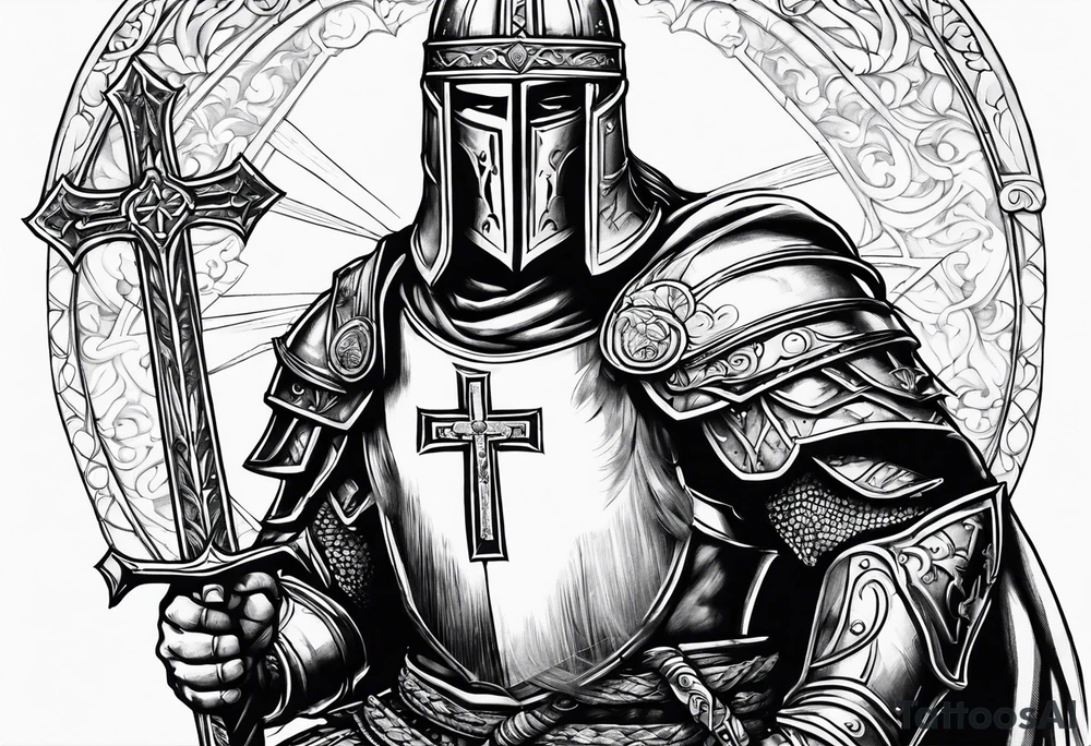 Crusader warrior holding a sword and wearing a cross on their armor, kneeling tattoo idea