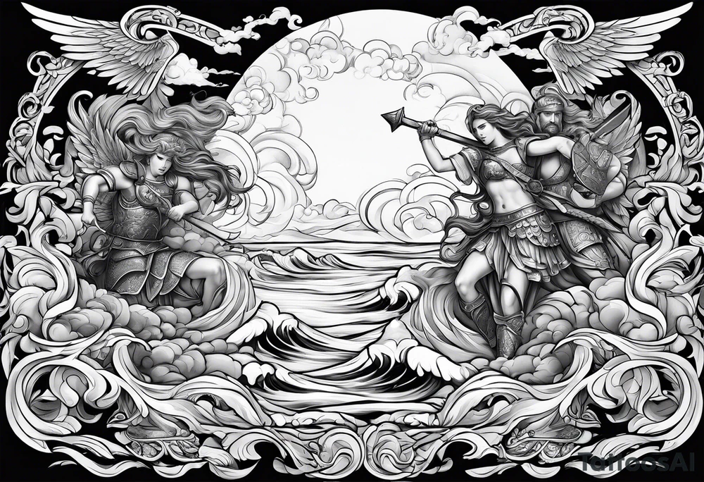 Angels and Roman warriors with clouds and ocean waves tattoo idea