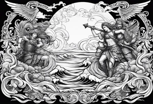 Angels and Roman warriors with clouds and ocean waves tattoo idea