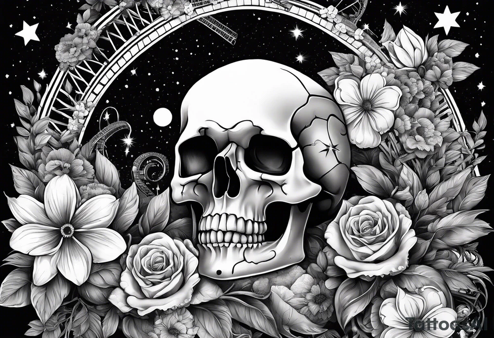 chemistry, roller coaster track, skulls, flowers, space with stars tattoo idea