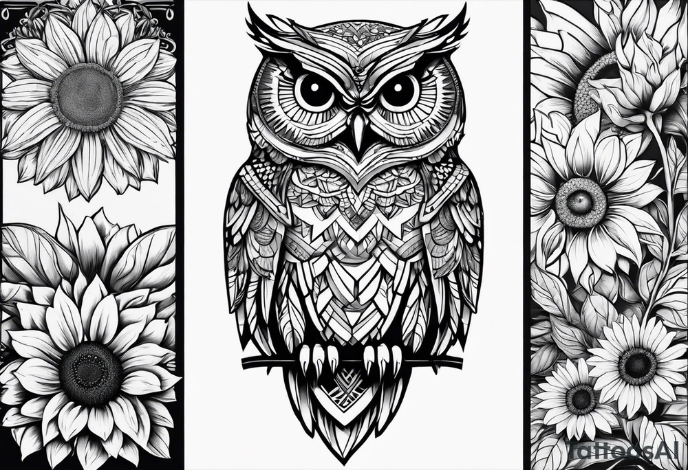 Owl and sunflower sleeve tattoo idea